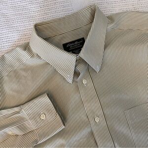 Eddie Bauer Men's XL Tall Button Down Dress Shirt Striped Olive White Career